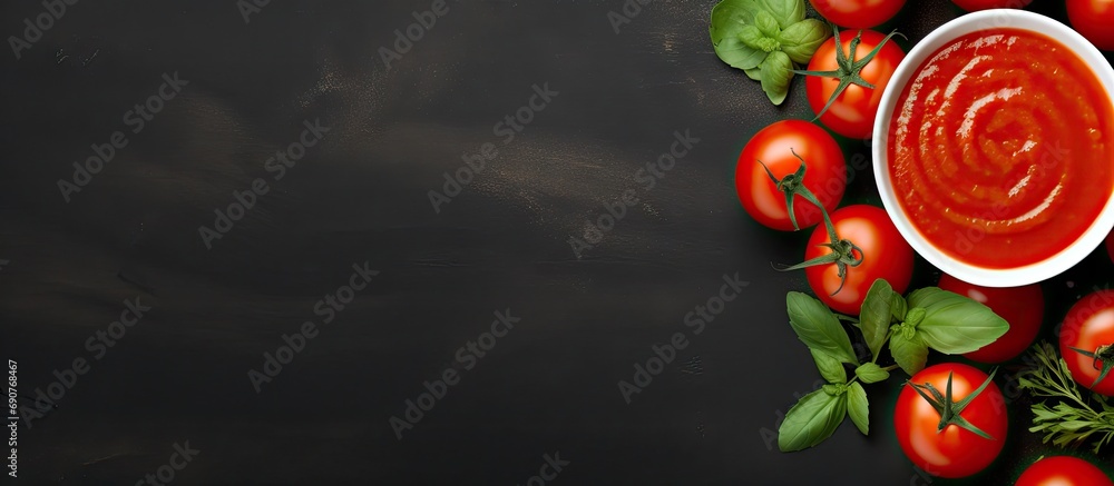 Aufkleber Tomato ketchup sauce in a bowl with basil and tomatoes Top view. Copyspace image. Header for website template