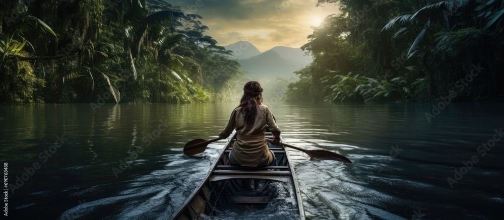Poster woman explorer travels an amazon river in a canoe. copyspace image. header for website template