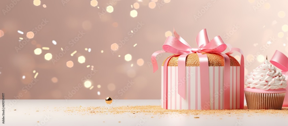 Poster the holiday gift is wrapped in craft paper and a beautiful bow on a round white stand near stand cre