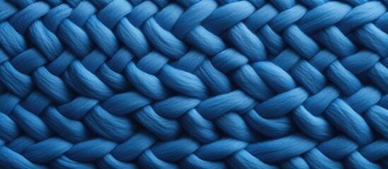 Texture of blue big knit blanket Large knitting Plaid merino wool Top view. Copyspace image. Header for website template
