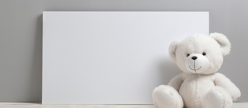 Stuffed animal toy banny and white frame mock up Template for card with copyspace Blank for the design of children s ads. Copyspace image. Header for website template
