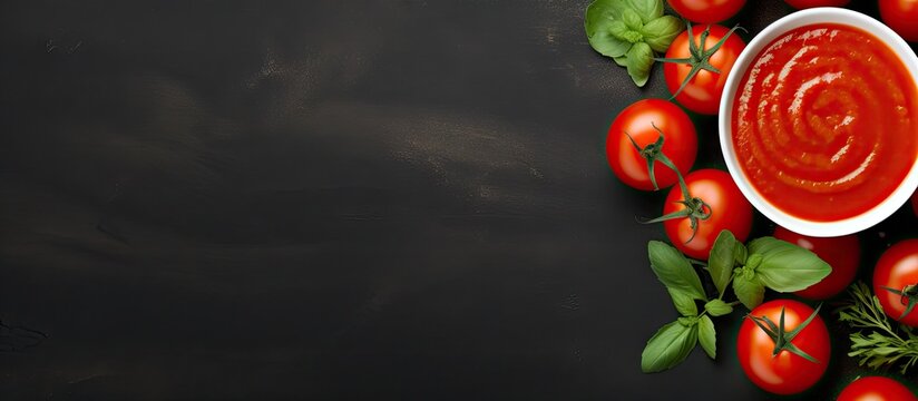 Tomato ketchup sauce in a bowl with basil and tomatoes Top view. Copyspace image. Header for website template