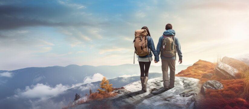 Two young people a boy and a girl holding hiking equipment and having a good time while walking in nature They are wearing warm clothes. Copyspace image. Header for website template