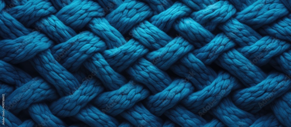 Poster texture of blue big knit blanket large knitting plaid merino wool top view. copyspace image. header 