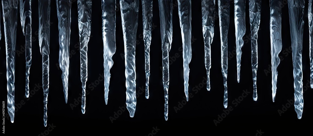 Poster Sharp icicles isolated on black background. Copyspace image. Header for website template
