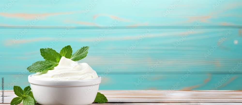 Aufkleber vanilla ice cream balls with mint leaves in a turquoise bowl on a turquoise wooden table. copyspace 