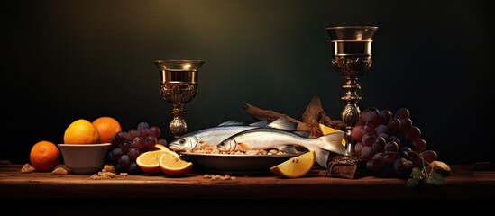 The Eucharist symbolizing the holy blood and flesh of Jesus Christ the Last Supper wine and bread and the fish shaped Ichtus symbolizing Christians. Copyspace image. Square banner