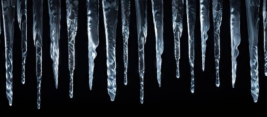 Sharp icicles isolated on black background. Copyspace image. Header for website template - obrazy, fototapety, plakaty