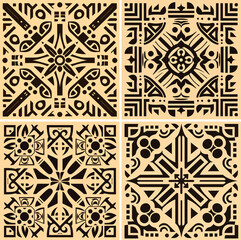 Set of 4 seamless illustrations in Aztec culture style.
