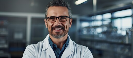 Young hispanic man scientist smiling confident with arms crossed gesture at laboratory. Copyspace image. Header for website template - obrazy, fototapety, plakaty
