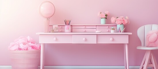 White desk in girl s bedroom decorated in pastel colors. Copyspace image. Header for website template