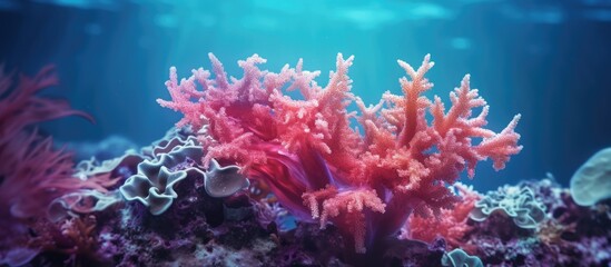 Fototapeta na wymiar Underwater Coral Garden Leather Coral in Coral Reef Tropical Marine Life Vibrant Underwater Ecosystem Coral Garden Under the Sea. Copyspace image. Header for website template