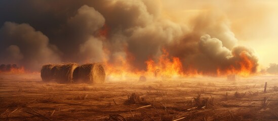 The agricultural waste burning cause of smog and pollution Fumes produced by the incineration of hay and rice straw in agricultural fields. Copyspace image. Header for website template - obrazy, fototapety, plakaty