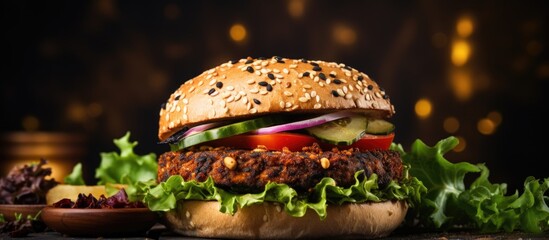 Source of fibre plant based vegan soya protein grilled burgers meat free healthy food close up....
