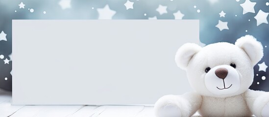 Stuffed animal toy banny and white frame mock up Template for card with copyspace Blank for the design of children s ads. Copyspace image. Header for website template