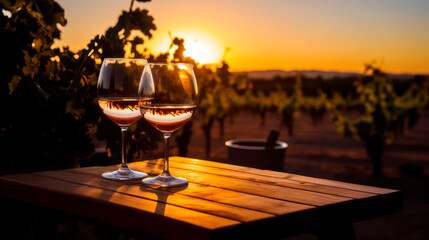two empty wine glasses standing on a wooden table, at sunset in backlight, with vineyard landscape in the background. - 690768899