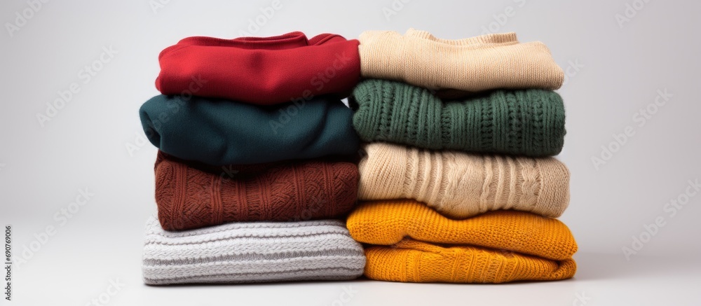 Poster Stack of various sweaters isolated on white background. Copyspace image. Header for website template