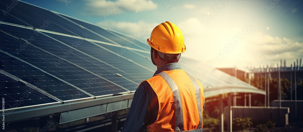 Aufkleber the solar farm solar panel with engineers check the operation of the system alternative energy to co
