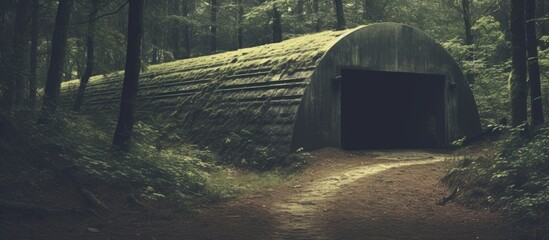 Retro filtered picture of a bunker hidden in forest. Copyspace image. Header for website template - obrazy, fototapety, plakaty
