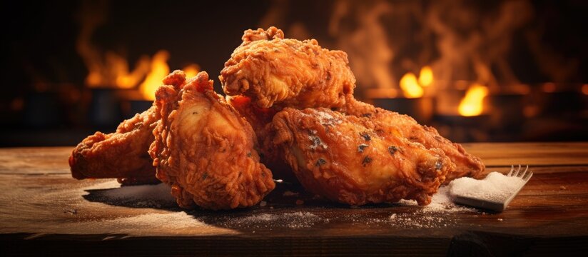 southern Fried Chicken plus barbecue dip and hand chicken crunchy barbecue food. Copyspace image. Header for website template
