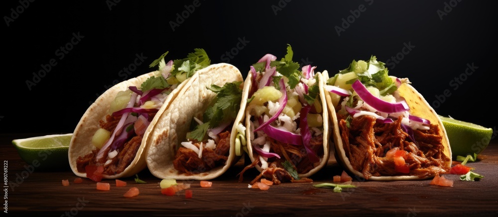 Poster three delicious pulled pork tacos with cabbage onion and cilantro. copyspace image. header for websi