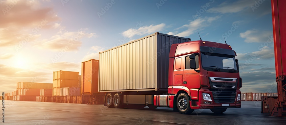 Poster Stacked of Package Boxes Load with Cargo Container Truck Parked Loading at Dock Warehouse Delivery Service Shipping Warehouse Logistics Cargo Shipment Freight Truck Transportation. Copyspace image