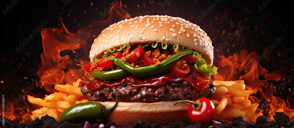 Fototapete top view hamburger with fries onion chili with meat and jalapenos barbecue sauce dark style food. co
