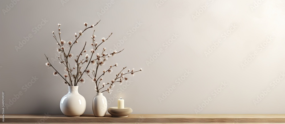 Aufkleber tree branches with introduced buds in a glass vase and candles on a wooden coffee table scandinavian