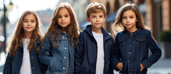 well dressed children in denim outfits looking at camera while standing outdoors. Copyspace image. Header for website template
