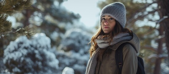 Young woman in warm clothing standing in the forest in winter Troodos mountains Cyprus. Copyspace image. Header for website template