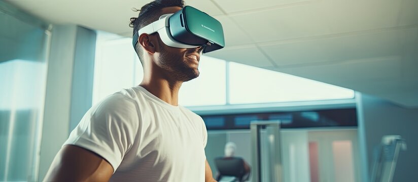 Young hispanic man physiotherapist using virtual reality glasses at rehab clinic. Copyspace image. Header for website template