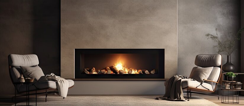 Warm Australian living room with fireplace in contemporary luxury home. Copyspace image. Header for website template