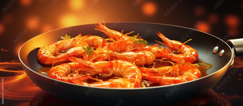 Aufkleber Shrimps are fried in oil in a frying pan. Copyspace image. Square banner. Header for website template