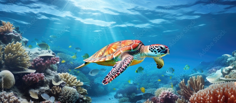 Poster sea turtle relaxing in its natural habitat among beautiful coral reef in clear tropical water. copys