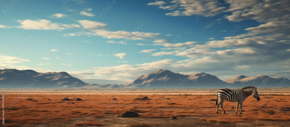 Aufkleber Zebra eating while on the open field of the plains. Copyspace image. Square banner. Header for website template