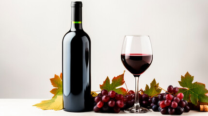 bottle of red wine without a label on a white surface, a glass of red wine next to bunches of red grapes and vine leaves framing them, photographed from the front. copy space