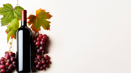 bottle of red wine without label lying on a white surface with bunches of red grapes and vine leaves framing it, photographed from above. free space on the right for writing. copy space