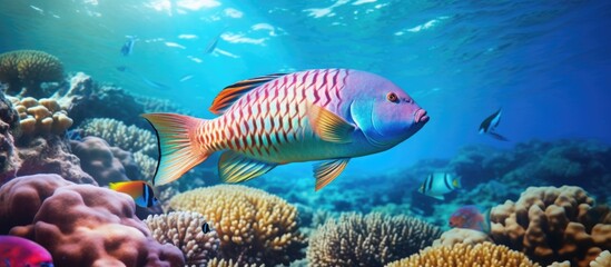 Underwater photo of beautifully colored blue barred parrotfish swimming among coral reefs. Copyspace image. Square banner. Header for website template