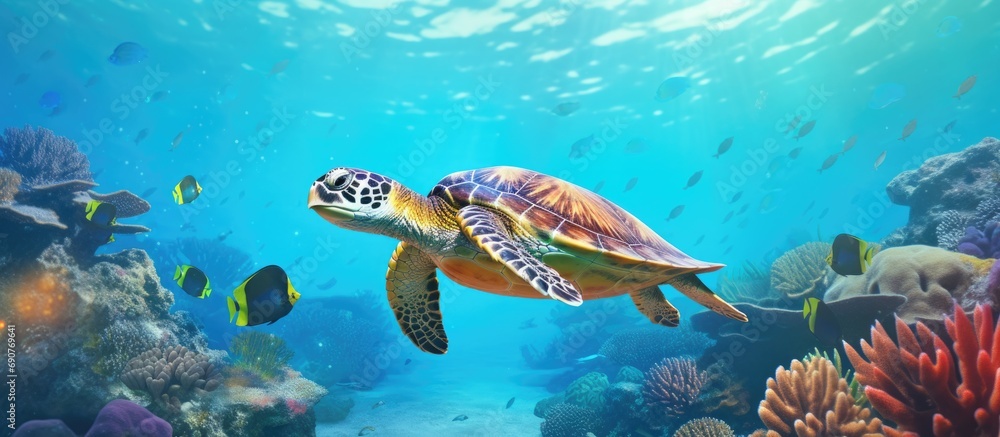 Aufkleber Sea turtle on colorful and tropical coral reef. Copyspace image. Square banner. Header for website template