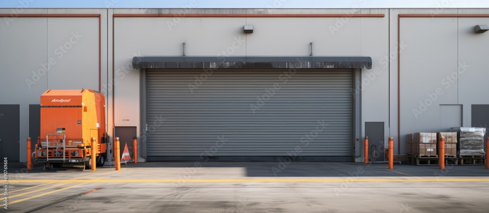 Poster warehouse industrial building exterior facade with semi truck loading dock door entrance. copyspace 
