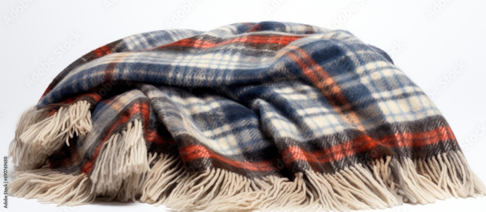 Poster Soft and warm folded wool plaid with fringe on white background. Copyspace image. Square banner. Header for website template