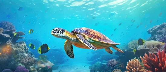 Foto op Plexiglas Sea turtle on colorful and tropical coral reef. Copyspace image. Square banner. Header for website template © vxnaghiyev