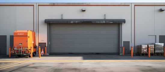 warehouse industrial building Exterior facade with semi truck loading dock door entrance. Copyspace image. Square banner. Header for website template