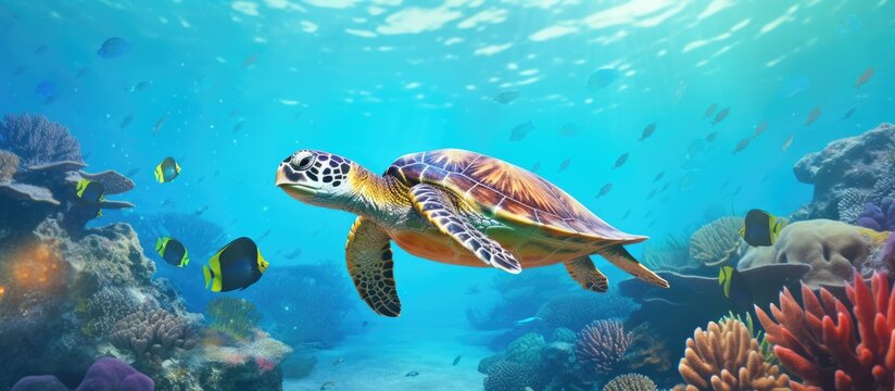 Sea turtle on colorful and tropical coral reef. Copyspace image. Square banner. Header for website template
