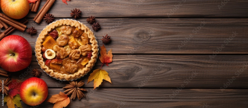 Aufkleber Selection of homemade autumn pies Pumpkin apple and pecan Above view corner border on a white wood background with copy space. Copyspace image. Square banner. Header for website template