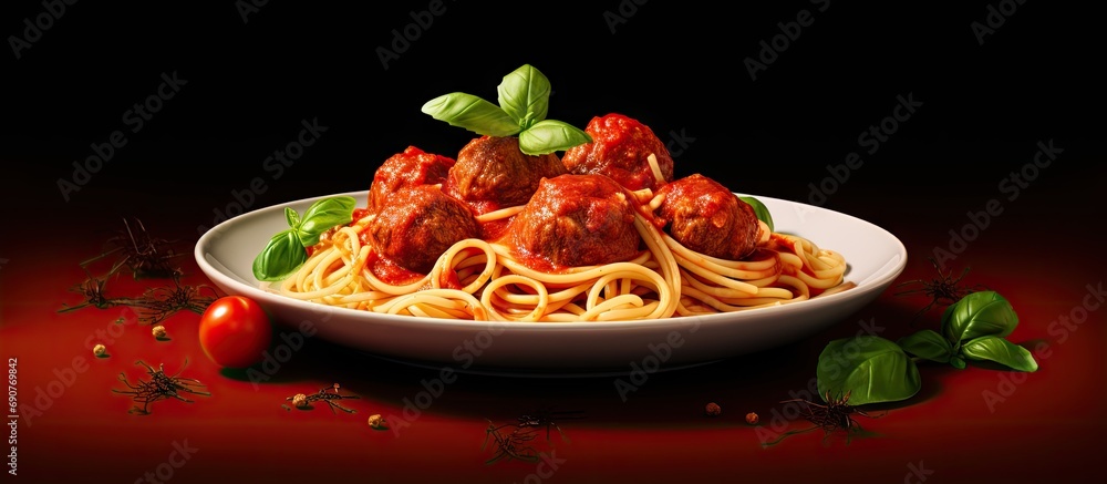 Poster spaghetti with meatballs and tomato sauce italian pasta. copyspace image. square banner. header for 