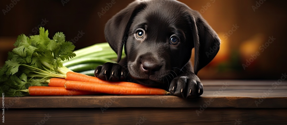 Poster Ten week old black Labrador puppy with a carrot in front of him. Copyspace image. Square banner. Header for website template