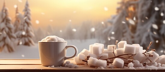 Obraz na płótnie Canvas Sweet winter times drink hot chocolate with marshmallow. Copyspace image. Square banner. Header for website template