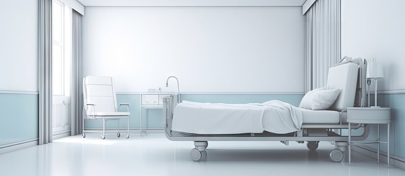 Recovery Room with beds and comfortable medical Interior of an empty hospital room Clean and empty room with a bed in the new medical center. Copyspace image. Square banner