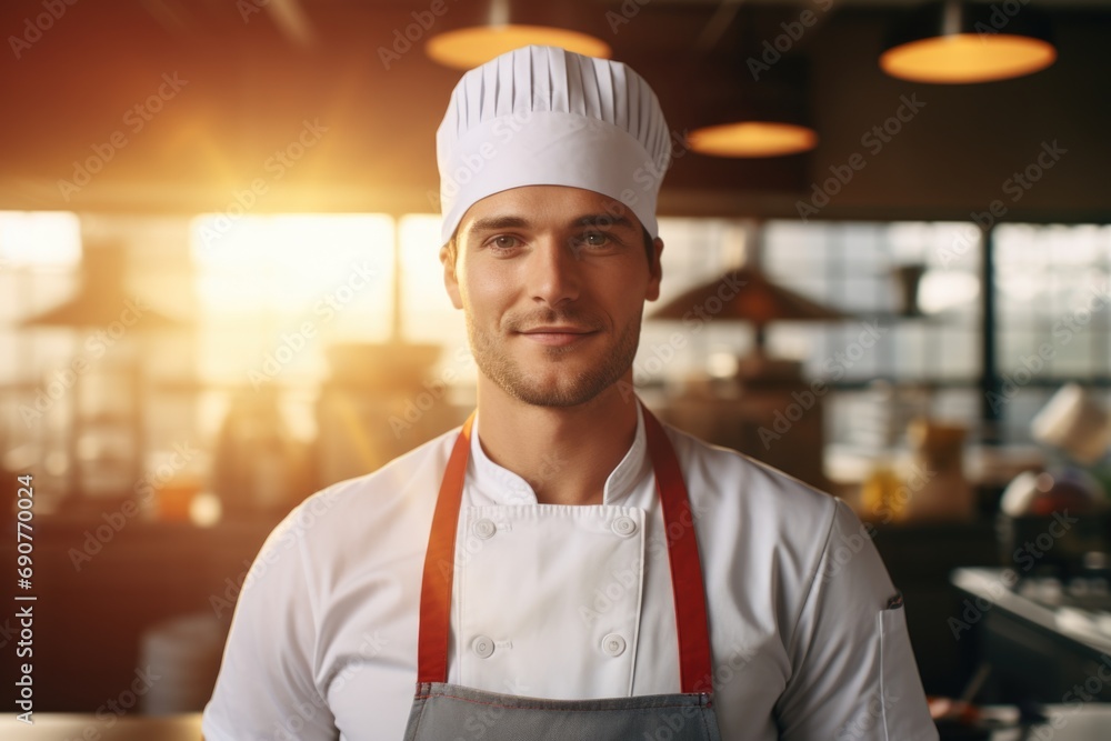 Poster a man wearing a chef's hat and apron. this image can be used to illustrate a professional chef in a 